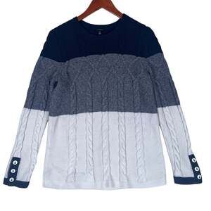 Talbots Cable Knit Sweater Womens Medium Nautical Fisherman Coastal Blue White